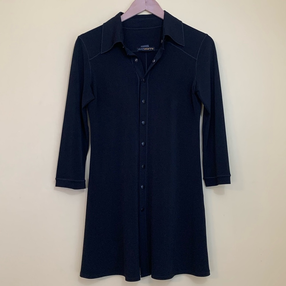 Eva Varro | Black Snap Unlined Stretch Long Sleeve Collar Shirt Tunic Dress S